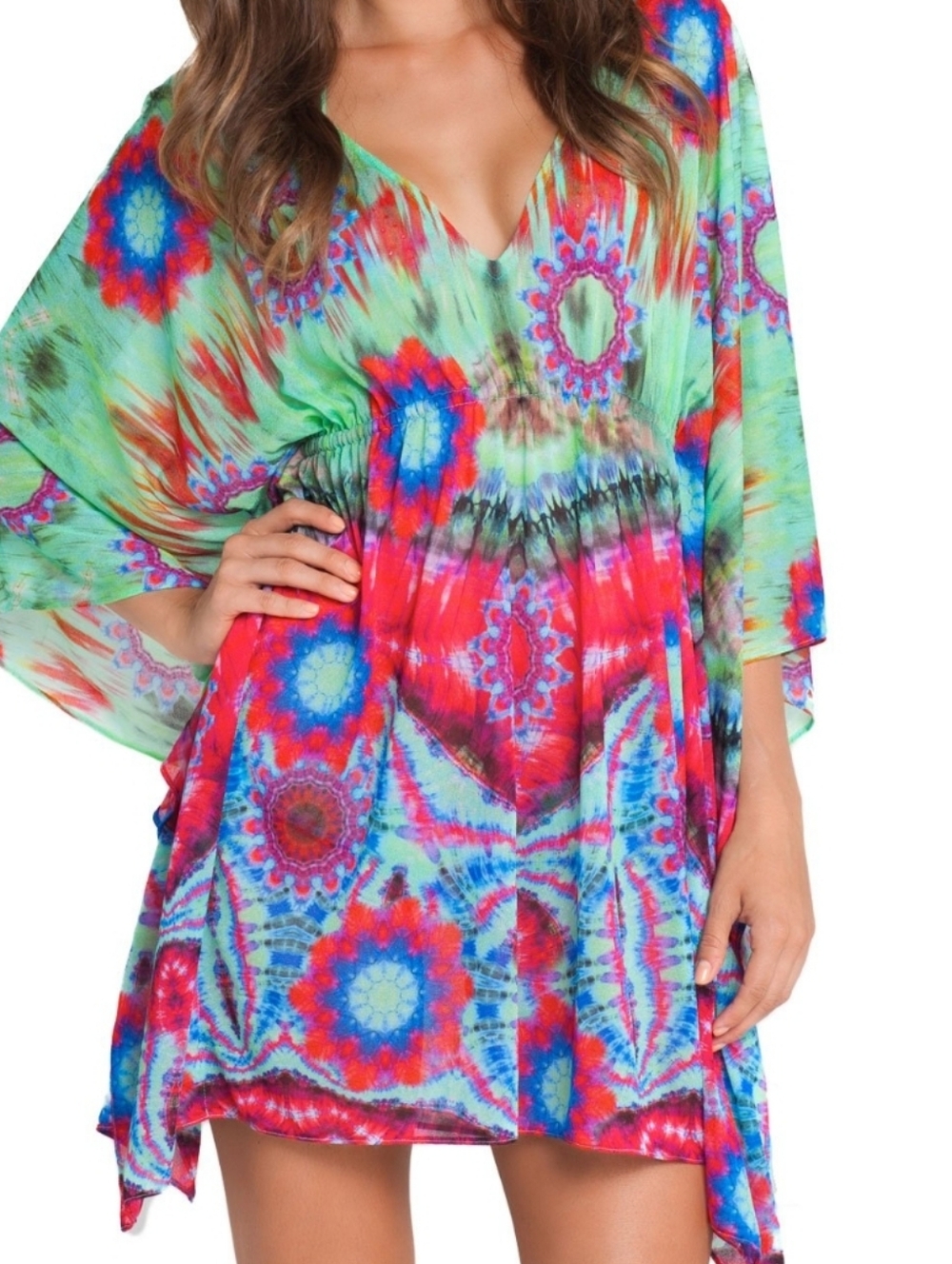 Luli Fama Vibrant Multicolor Tie-Dye Caftan with Medallion Print